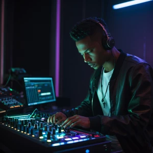 Anyma, a DJ, is positioned in front of his high-tech DJ equipmen...