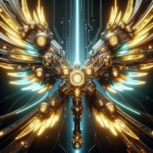 A neon color  golden futuristic weapon with glowing wings