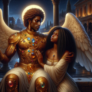 Create an oil painting image featuring a male angel and a grievi...