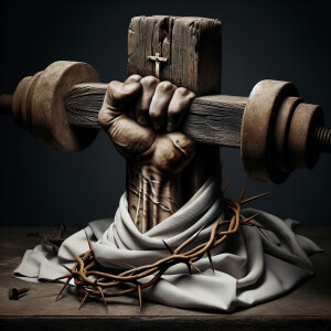 A hand ripping out of a shirt with the old rugged cross in hand...