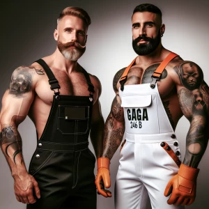 Two muscular men are posing closely together, showcasing intrica...