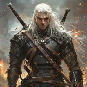 Create an image of a fantasy warrior character with long white h...