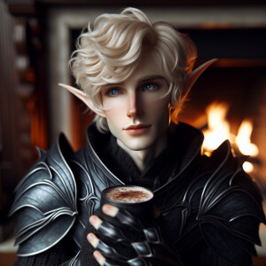 Caranthir-Ar-Fieniel from the Witcher drinks hot cocoa in front...