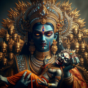 portrait of angry looking goddess kali, blue skinned, sitting on a gold crown and carrying a weak mahishasur on her lap and stabbing him with her amazing long red finger nails. She is wearing diamond armor, a huge diamond crown, red saree, abundant diamond jewelry, covered in blood. The scene is set in ancient India. The image is 8K resolution, cinematic, ultra detailed face and epic.