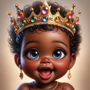 "Create a digital portrait of an adorable african-American baby girl with a joyful expression. She is wearing a gold crown with colorful jewels. Her big, bright blue eyes are wide with wonder, and her tiny mouth is shaped in a happy grin. Her skin has a warm, honey-brown tone, and she has an abundance of thick curly black hair, The background is soft and neutral to keep the focus on her delightful features. The portrait should be vibrant and heartwarming, celebrating the innocence and charm of childhood."