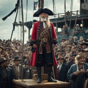 An old pirate standing on the hangman’s platform with a crowd wa...