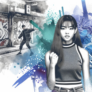 Athletic Thin skinny Attractive, Asian teenage girl, long brown hair and bangs, wearing tight skinny jeans and a halter top paint marks on her clothing, heroic pose Asian graffiti background, side view