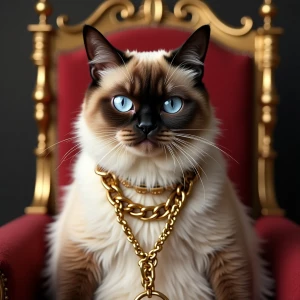 rapper grumpy cat siamese on a throne grumpy face in a chain gol...