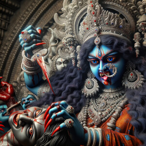 portrait of angry looking, gorgeous goddess kali, blue skinned carrying a weak mahishasur in her two arms and stabbing him with her amazingly long red fingernails. She is wearing a huge silver crown, red saree, abundant silver jewelry, covered in blood. The scene is set in ancient India. The image is 8K resolution, cinematic, ultra detailed face and epic.