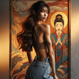 Athletic Thin skinny Attractive, Asian teenage girl, long brown hair and bangs, wearing tight skinny jeans and a halter top paint marks on her clothing, heroic pose Asian graffiti background, backside view