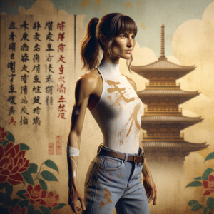 Athletic Thin skinny Attractive, Asian teenage girl, long brown hair and bangs, wearing tight skinny jeans and a halter top paint marks on her clothing, heroic pose Asian graffiti background, side view