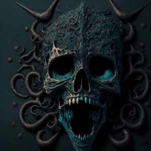 Create a gothic psychedelic art piece featuring a prominent skul...
