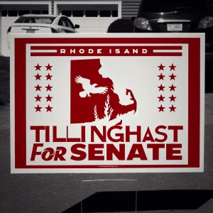 A red political yard sign that says Tillinghast for Senate with...