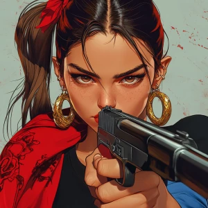 girl with brown hair, thick eyebrows, pumped up lips, potato nos...