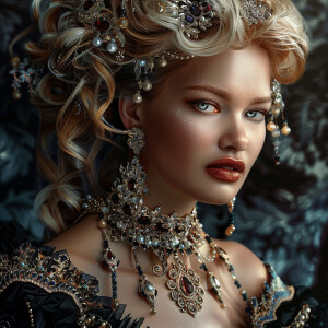 A stunning woman with cascading blonde hair adorned in a myriad...