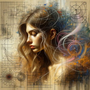 Abstract, minimalist, art cardiogram, charts complex, mathematical formulas, spontaneous lines, and paint marks, paint in hair, golden ratio