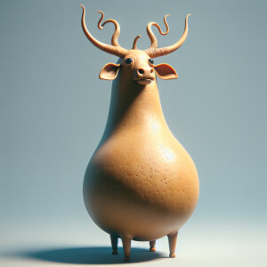 imagine a cow standing up in two legs with a big head and tiny l...