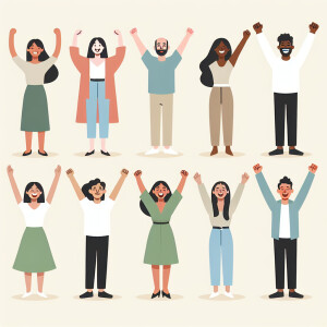 Group of six adults of varying ethnicity with arms raised in tri...