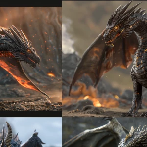 Hyperrealistic, photo-real dragon — Vezonar, massive ash-black m...