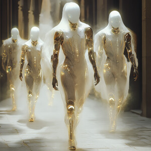 A group of ethereal cyborgs walking, emitting a white, glowing s...