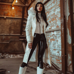 Photo of fair skinned hourglass figure woman with dark straight...