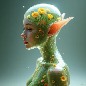 Generate an image of a female elf with a transparent glass-like...