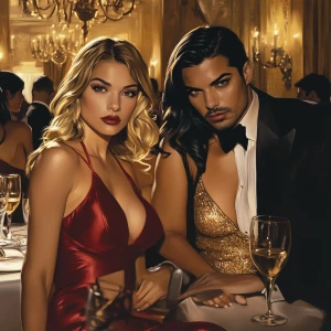 Two glamorous women seated at an elegant gala, wearing halter to...