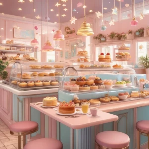 A pastel-colored café scene featuring adorable pastries with smiling faces, surrounded by playful hearts and stars