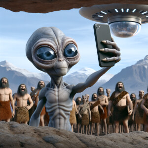 Super realistic photos, an alien little gray man holding a mobil...