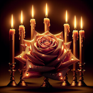 "Envision the scene before you: a majestic rose bathed in the warm glow of candlelight, its petals unfolding like a treasury of pearls and diamonds sparkling in soft illumination. Golden candles stand tall, their flames casting a lustrous sheen that brings out the gold's rich patina.