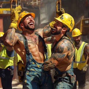 depicts a group of muscular, tattooed construction workers havin...