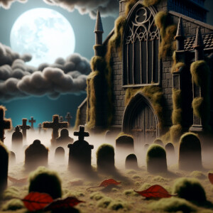 Old church and old foggy  graveyard