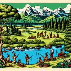 Visuals of a serene natural landscape with traditional Native Am...