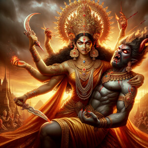 Portrait of angry and gorgeous goddess durga slaying mahishasur...