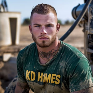 Brian Nobles a real 28 year old Caucasian male who is using  a concrete mixer, he is a  pump operator holding the hose which carries the liquid concrete to the foundation pour, Brian is slowly  beginning his transition into adult maturity , Brian Nobles is beginning to look like a grown man, he has large reflective blue eyes and a wrinkled brow,Brian is now balding , prominent large protruding round fat obese belly,,thick goatee beard, healthy muscle mass ,very noticeable male pattern balding hairline, Brian Nobles now has a  prominent receding and thinning male hairline (onset male pattern baldness), slightly fat overweight(Caucasian)wearing tight body conforming  glossy satin shiny green and gold tight fitting body conforming UnderArmour athletic bodysuit,emblazoned with the "KD HOMES" real estate logo, standing confidently in front of a newly completed constructed new KD HOME in Victorville California in a raw desert landscape. Brian has a protruding fat obese muscular physique, large male bulge, fat obese muscular frame , shows a substantial frame with a noticeable mature hairline and expressive eyes. His workman’s  pose should reflect his experience in his trade.