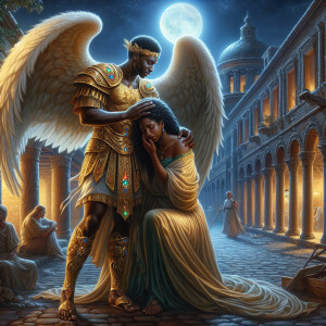 Create an oil painting image featuring a male angel and a grievi...