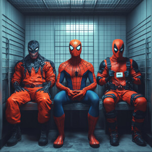 Create a 3D image depicting three fictional characters seated in...