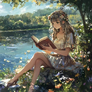 Create an image of an anime-style girl influenced by Pre-Raphael...