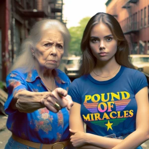 Create a color film photograph from 1973 of an elderly woman poi...