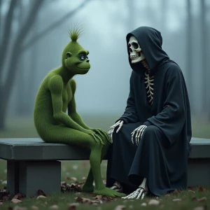 A realistic photo of a Grinch sitting on a concrete bench next t...