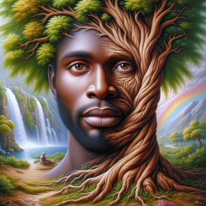 Create a hyper-realistic 3-D oil painting of a tree integrated w...