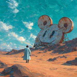 Create a surreal image of a Martian desert under a turquoise sky...