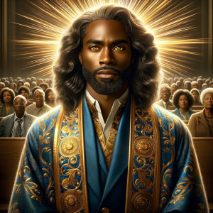 Illustrate an inspiring African-American Jesus crust with a dign...