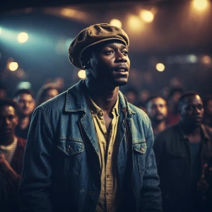 , man, late, 20's, singing, blues, style, hip hop, song, infront...