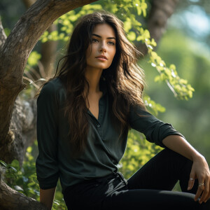 Capture the elegance of a fair-skinned woman with dark long hair...