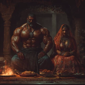 Realism, art.a beefy muscular sweaty criminal man ,sitting besid...