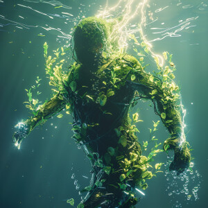 Create a dynamic scene of sea moss glowing underwater, emitting...