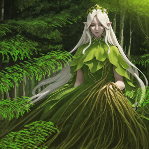 A beautiful eve queen with long flowing white hair with brown sk...