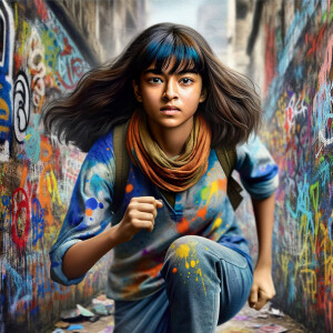 teenage girl, long brown hair and bangs, wearing tight skinny jeans and a halter top paint marks on her clothing, heroic pose Asian graffiti background, nearing on one knee