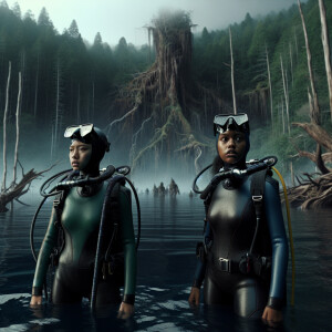 Two girls in scuba gear are standing near the lake and there is...